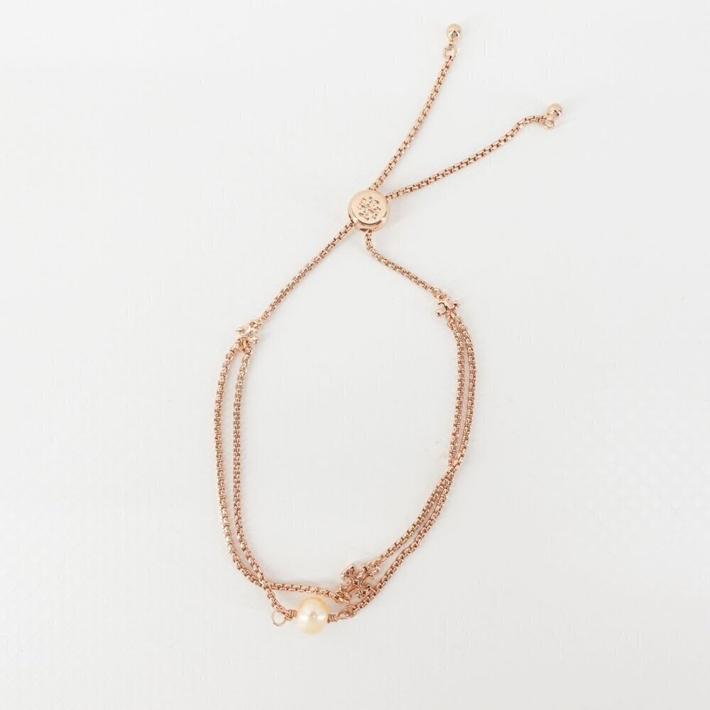 Tory Burch Logo Pearl Slider Adjustable Bracelet Rose Gold OS - Picture 8 of 12